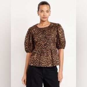 NWT! OLD NAVY Animal Print Puff-Sleeve Tie-Front Peplum Ruffle Hem Top
